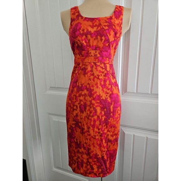 Michael Kors SZ 4 Orange/Red Color Burst Sleeveless Lined Sheath Dress Cotton - Picture 1 of 9